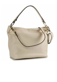 Borsa a tracolla in pelle beige con finitura texturizzata, caratterizzata da un bordo nero, rifiniture in metallo e una tracolla removibile. Design ampio e morbido.