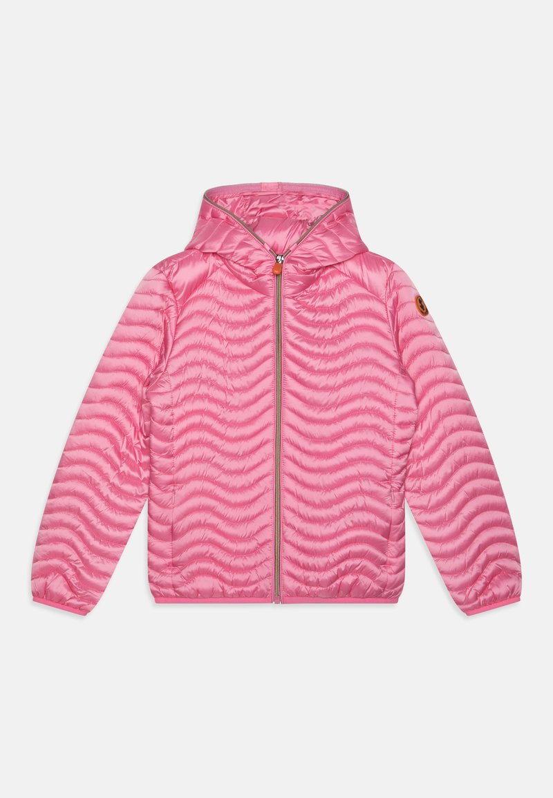 Pink puffy jacket with a hood, featuring wavy textured lines, a front zipper, and an orange pull tag. Elastic cuffs and logo detail on sleeve.