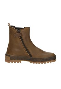 Bruine leren enkelboot met een zijrits, gestructureerde rubberen outsole en een minimalistisch ontwerp. Voorzien van een trekband voor eenvoudige instap.