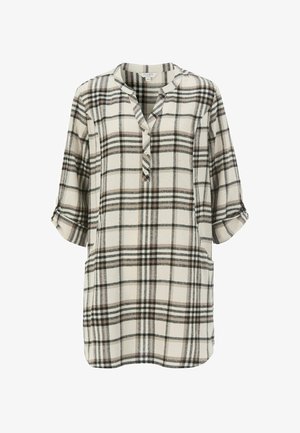 Een geblokte blouse met lange mouwen in beige, zwart en bruin. Bevat knopen, een notch-kraag, twee zijzakken en een ontspannen pasvorm.