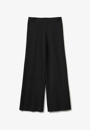 Pantalon noir à jambes larges, taille haute et sans fermetures visibles, présenté à plat sur fond blanc.