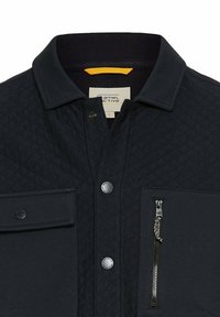 Dark blue quilted jacket featuring a button-up design, a zippered chest pocket, and a ribbed collar with a yellow accent.
