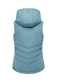 Light blue puffer vest with a hood, featuring a quilted chevron design, button accents, and a leather logo patch near the neckline.