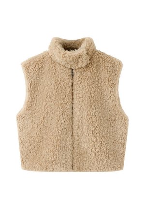 Veste polaire sans manches beige avec col montant et fermeture éclair frontale, confectionnée en tissu doux et texturé pour la chaleur et le confort.