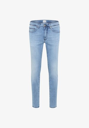 Lichtblauwe slim-fit jeans met knoopsluiting aan de voorkant en rits, vijfzakkenstijl, en subtiele veroudering op de dijen en knieën.