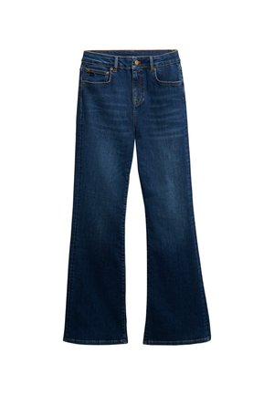 Donkerblauwe vloeiende jeans van denim, met een vijf-pocket ontwerp, zichtbare stiksels en een knoopsluiting bij de taille.