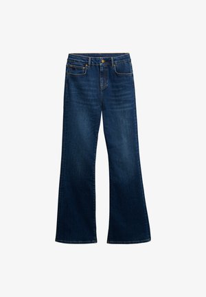 Donkerblauwe vloeiende jeans van denim, met een vijf-pocket ontwerp, zichtbare stiksels en een knoopsluiting bij de taille.