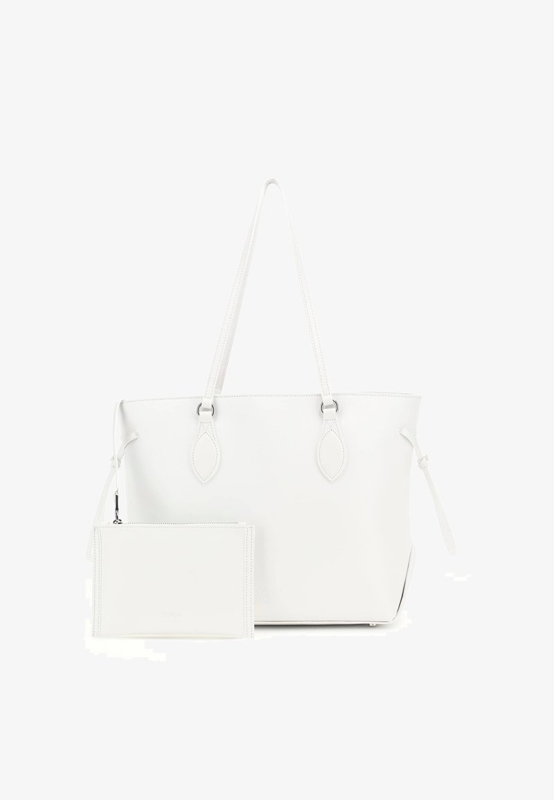 Fehér bőr bevásárlótáska, két hosszú fogantyúval, amelyhez egy leválasztható, illeszkedő tasak tartozik. Simább textúra és minimalista dizájn jellemzi.
