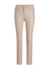 Pantaloni beige a vestibilità slim, realizzati in un materiale testurizzato con un sottile motivo floreale lucido e tasche frontali tradizionali.