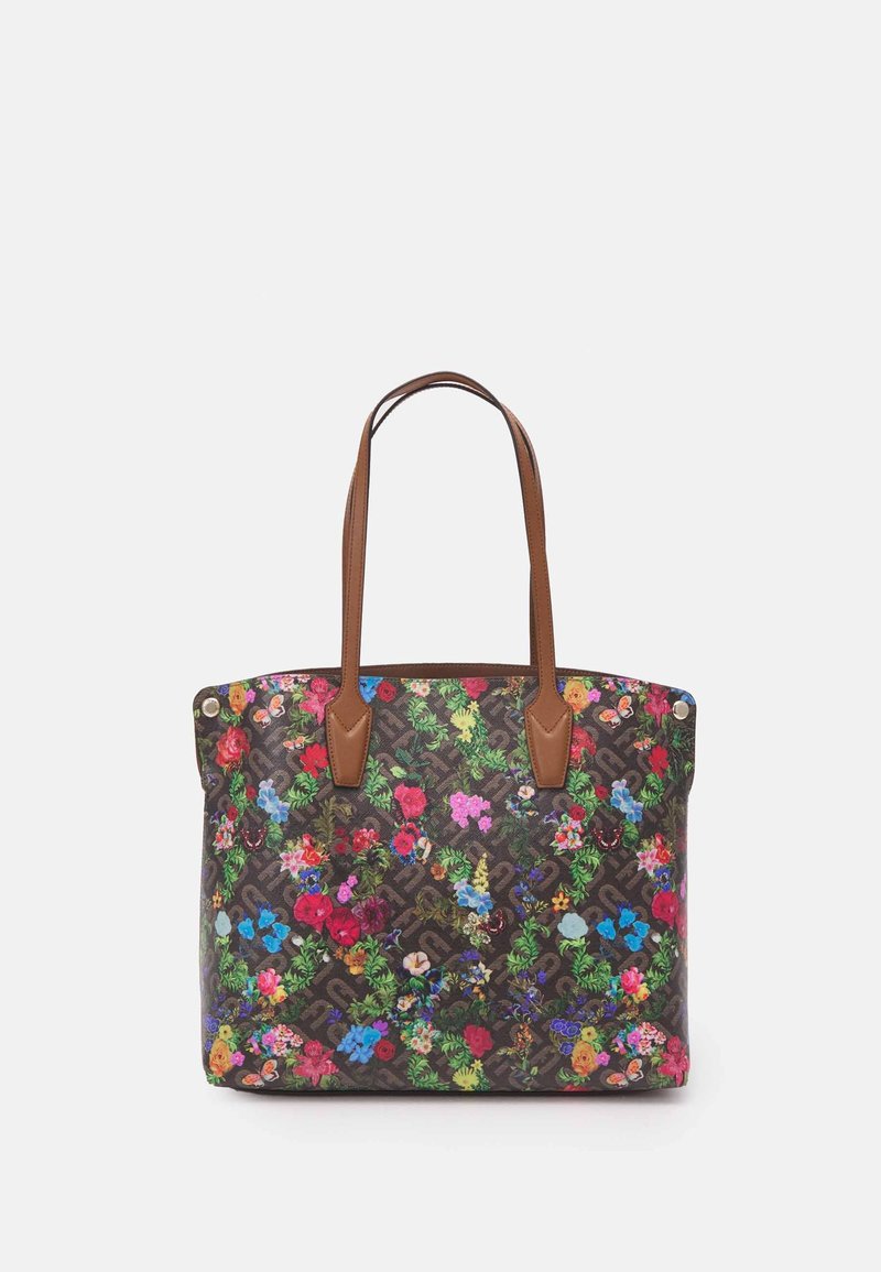 Borsa tote con manici in pelle marrone e stampa floreale dai colori vivaci su sfondo scuro, caratterizzata da una superficie testurizzata e dettagli con logo.