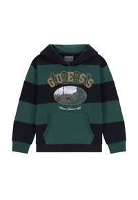 Felpa con cappuccio a righe verdi e nere con tasca a marsupio, caratterizzata da una grafica paesaggistica e dal nome del marchio ricamato in giallo. Materiale in misto cotone.