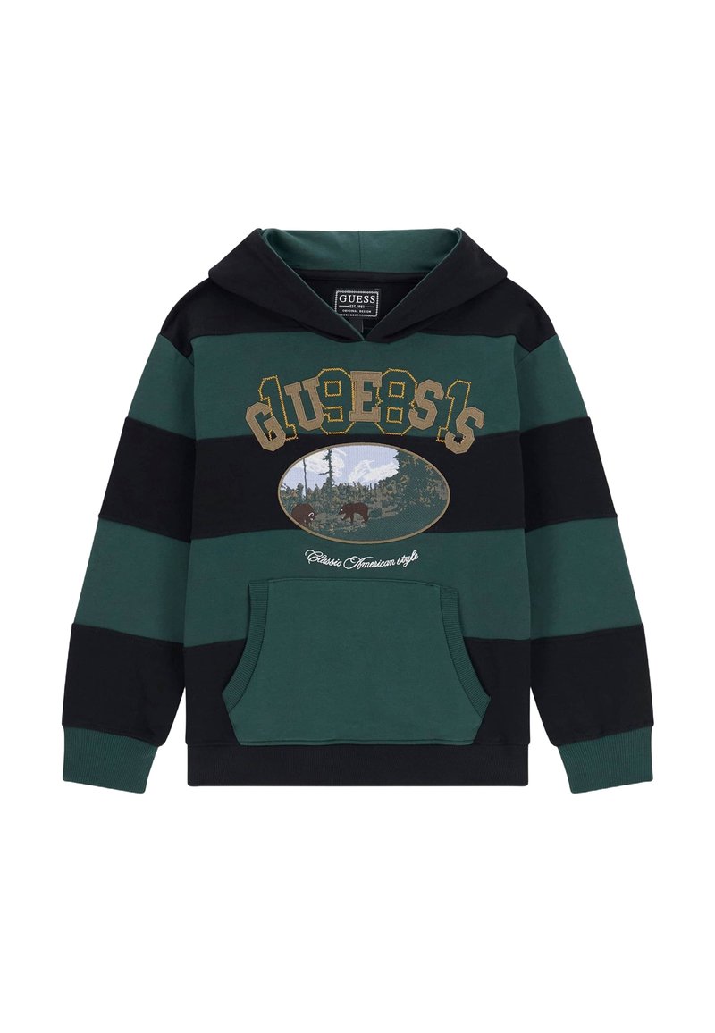 Felpa con cappuccio a righe verdi e nere con tasca a marsupio, caratterizzata da una grafica paesaggistica e dal nome del marchio ricamato in giallo. Materiale in misto cotone.