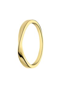 Gouden ring met een glad, gedraaid ontwerp. Het oppervlak is gepolijst en heeft een glanzende afwerking en een ronde, doorlopende vorm.