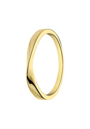 Goldring mit einem glatten, gedrehten Design. Die Oberfläche ist poliert und weist ein glänzendes Finish sowie eine abgerundete, kontinuierliche Form auf.
