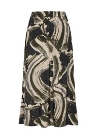 Jupe midi avec un motif tourbillon abstrait en vert, beige et noir. Confectionnée dans un tissu léger avec une ceinture élastique.