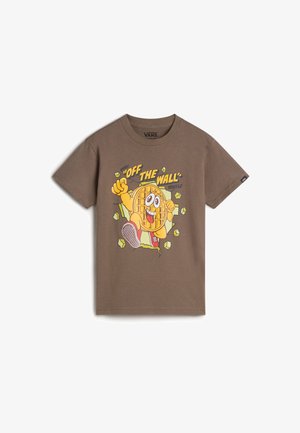 Brown cotton T-shirt featuring a colorful graphic of a waffle character with arms, wearing red sneakers and surrounded by green accents.
