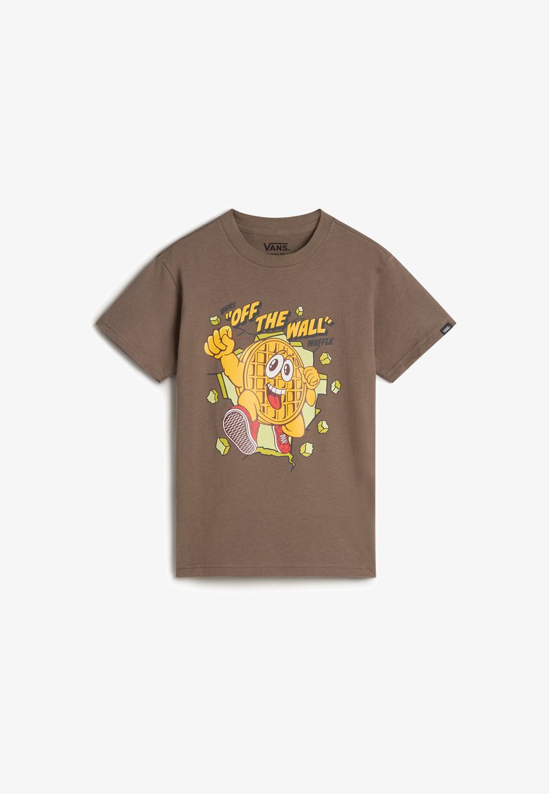Brown cotton T-shirt featuring a colorful graphic of a waffle character with arms, wearing red sneakers and surrounded by green accents.