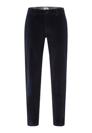 Navycord-Stoffhosen mit geradem Schnitt, die eine subtile Rippstruktur und einen Knopfverschluss aufweisen. Der Bund hat ein gemustertes Innenfutter.