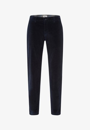Navy corduroy trousers with a straight cut, featuring a subtle ribbed texture and a button closure. The waistband has a patterned interior.