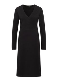 Schwarzes langärmliges Midikleid mit V-Ausschnitt und Wickel-Oberteil, geradem Rock und schlichtem, elegantem Design.