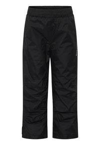 Musta vedenpitävä housu, jossa on joustava vyötärö, väljä istuvuus ja sileä pinta. Sivussa on minimaalinen logomerkintä.