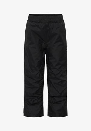 Sorte vandtætte bukser med elastisk talje, en løs pasform og en glat tekstur. Har minimal branding på siden.