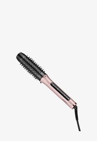 Brosse à cheveux ronde avec une tête en poils noirs et un manche métallique rose. Dispose de boutons de contrôle et d'un cordon d'alimentation pour une utilisation électrique.