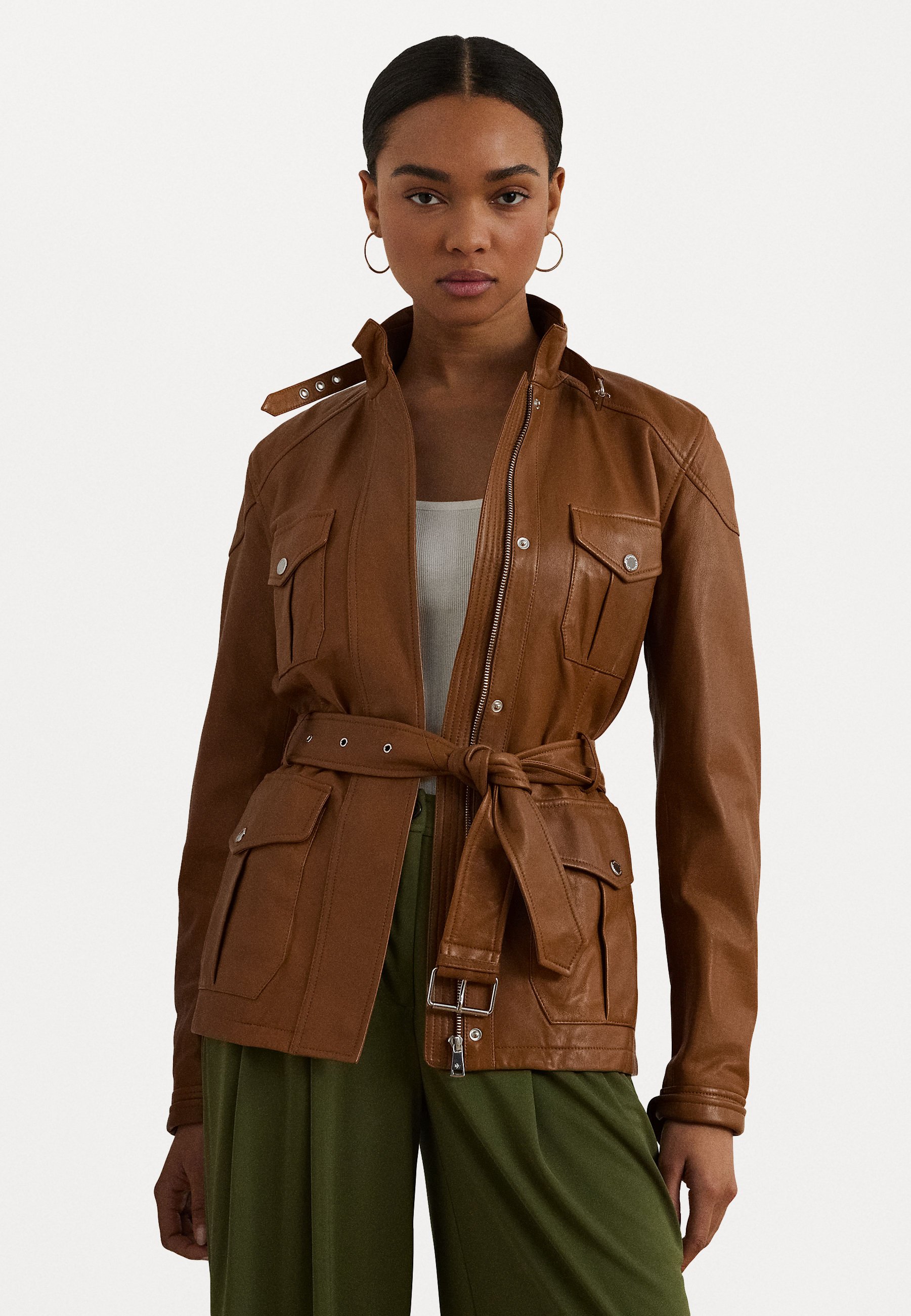 Lauren Ralph Lauren BELTED LAMBSKIN MOCKNECK JACKET - Leather