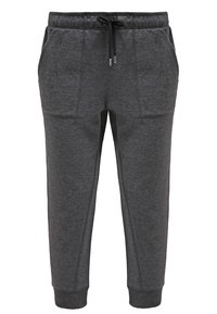 Mørkegrå sweatpants med smal pasform, elastisk talje, sort snøre, sidelommer og manchetter ved anklerne.