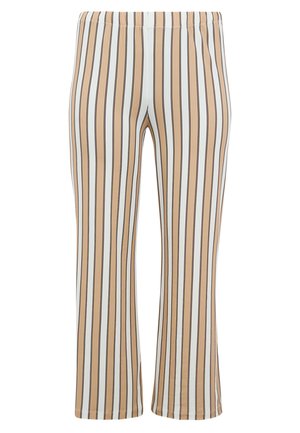 Beige und weiß vertikal gestreifte Hose mit ausgestelltem Bein und elastischem Taillenbund, vor weißem Hintergrund dargestellt.