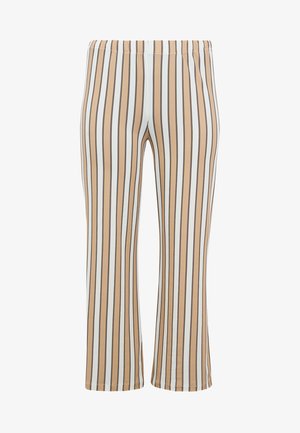 Beige en witte verticale gestreepte broek met uitlopende pijpen en elastische tailleband, afgebeeld op een witte achtergrond.