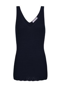 Top navy senza maniche in maglia con scollatura a V. Presenta una texture a coste e un orlo a scallop. Etichetta visibile all'apertura del collo.