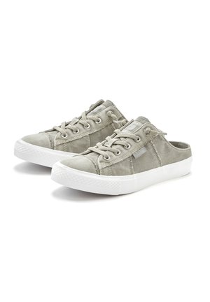 Light gray canvas sneakers with a textured finish, featuring elastic laces, white rubber sole, and open back design.