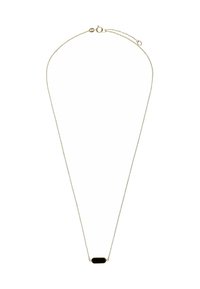 Gouden ketting met een centraal zwart ovale hanger, verfijnde textuur en sluiting. Lengte geschikt voor het dragen om de nek.