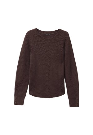 Bruine gebreide trui met een ronde hals, getextureerde patronen, lange mouwen met knoopaccenten en een ontspannen fit met geribbelde manchetten.