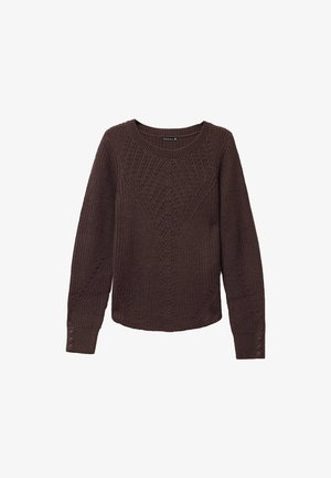 Bruine gebreide trui met een ronde hals, getextureerde patronen, lange mouwen met knoopaccenten en een ontspannen fit met geribbelde manchetten.