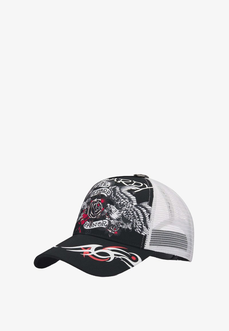 Cappello bianco e nero con retro in rete, con grafica di un'aquila, rose e testo. Visiera curvata e dettagli di cucitura testurizzati.