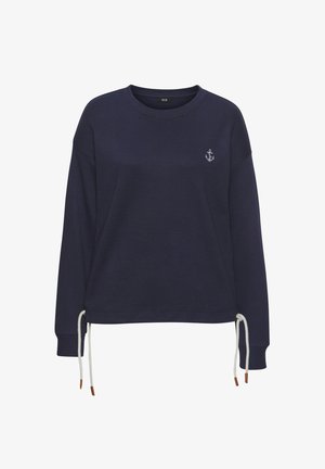 Marineblaue Sweatshirt mit rundem Halsausschnitt, lockerer Passform und gesticktem Ankerdetail. Verfügt über Kordeln am Saum mit braunen Akzenten.