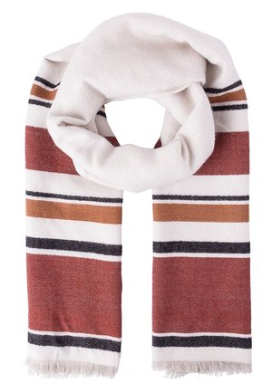 Miękki szalik z tkaniny z poziomymi pasami w kolorach rdzawego, białego, czarnego i brązowego, z wykończeniem w postaci frędzli.