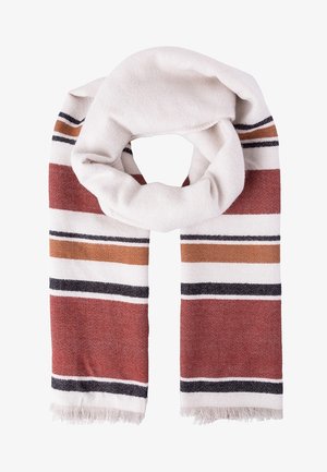 Écharpe en tissu doux à rayures horizontales dans les tons rouille, blanc, noir et marron, avec des bords frangés.