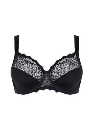 Reggiseno nero con dettagli in pizzo sulle coppe, tessuto liscio sotto il pizzo, spalline regolabili e un sottile bordo ondulato sulla parte superiore.