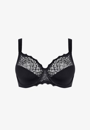 Reggiseno nero con dettagli in pizzo sulle coppe, tessuto liscio sotto il pizzo, spalline regolabili e un sottile bordo ondulato sulla parte superiore.