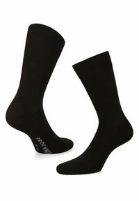 Czarne bawełniane skarpetki z prążkowanym mankietem, o długości do połowy łydki, gładkiej fakturze oraz wzmocnionym pięcie; zawierają etykietę marki na podeszwie.