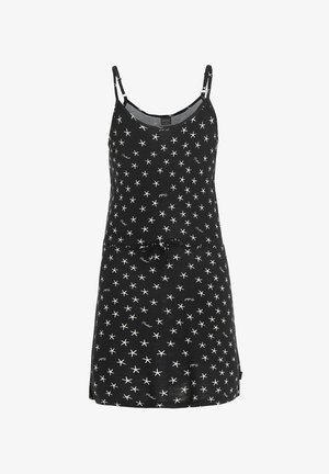 Czarna sukienka w białe gwiazdy, na ramiączkach spaghetti, z przewiązaniem w talii. Wykonana z miękkiego materiału, o długości do kolan, idealna na codzienne wyjścia.