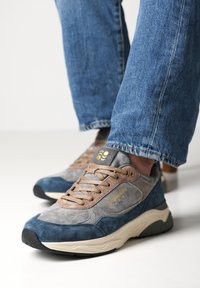 Sneaker stringate in suede grigio e blu, con suola intermedia color crema e lacci marroni; presentano un marchio dorato sul lato e una parte superiore testurizzata.