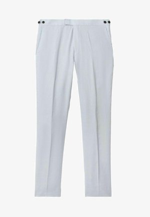 Lichtgrijze tailored broeken gemaakt van lichte stof, met twee zijzakken, een gladde textuur en twee zwarte knopen in de taille.