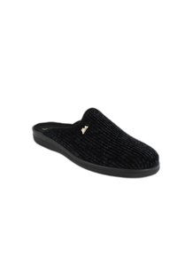 Schwarze Cord-Schlupfschuhe mit vertikalen Streifen, weicher Textur und einem kleinen goldenen Akzent an der Seite. Gummisohle für guten Halt.