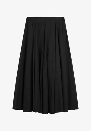 Schwarzer, plissierter Rock mit einem ausgestellten Design, aus einem glatten Material gefertigt, mit einem eng anliegenden Taillenbund und einem unsichtbaren Reißverschluss an der Seite.