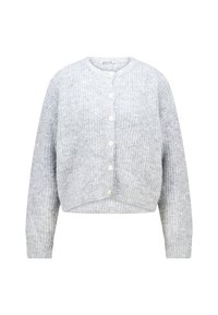 Gray cropped cardigan with a ribbed texture, featuring long sleeves and six white buttons along the front. Soft material, round neckline.