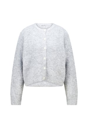 Graue, kurz geschnittene Strickjacke mit gerippter Textur, langen Ärmeln und sechs weißen Knöpfen entlang der Vorderseite. Weiches Material, runder Ausschnitt.